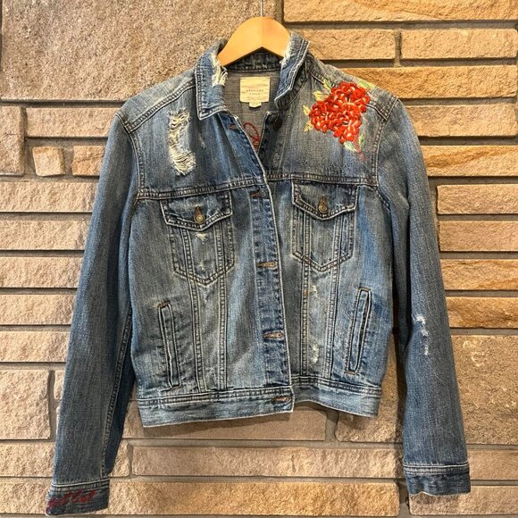 American Eagle Outfitters Jackets & Blazers - American Eagle Jacket Women’s Blue Denim Embroidered Flowers Just For Fun S